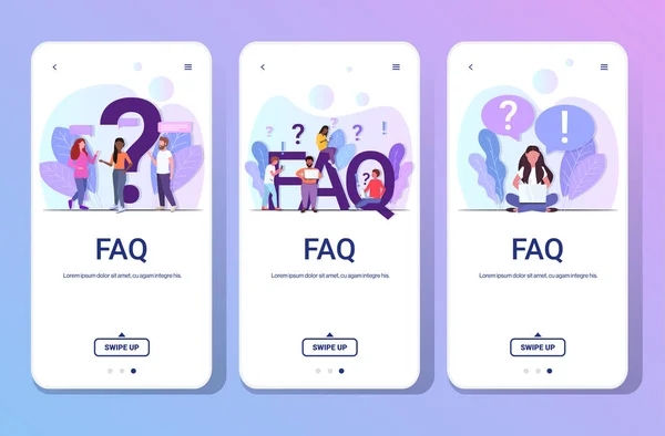 Set mix race mennesker med spørgsmålstegn udråbstegn ved hjælp af digitale enheder online support center ofte stillede spørgsmål FAQ koncept fuld længde smartphone skærme kollektion vandret – Stock-vektor
