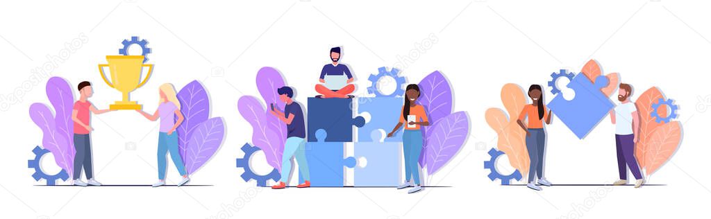 set businesspeople brainstorming process holding golden trophy cup successful teamwork concepts collection men women coworkers team horizontal full length