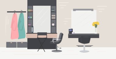 Sandalyeleri aynaları ve mobilyaları olan modern kuaför salonu.