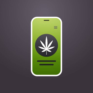 Marihuana yaprağı simgesi olan akıllı telefon ekranı mobil uygulama uyuşturucu satıcısı esrar esrar ilacı sipariş ediyor online uyuşturucu konsepti satın alıyor