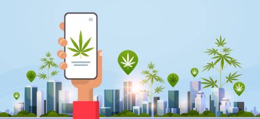 İnsan el ele tutuşan akıllı telefon satıcısı esrar marihuana ya da ilaç sipariş ediyor uyuşturucu konsepti satın alıyor mobil uygulama şehir manzarası düz yatay