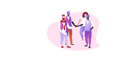 Robot karakterli insanlar el ele tutuşuyor takım ruhu işbirliği insan robota karşı yapay zeka teknolojisi takım çalışması konsepti tam boy yatay