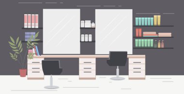 Sandalyeleri aynaları ve mobilyaları olan modern kuaför salonu.