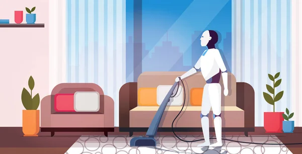 Moderner Roboter mit Staubsauger Roboterfigur Hausarbeit künstliche Intelligenz Technologie Reinigungskonzept modernes Wohnzimmer Interieur horizontal volle Länge — Stockvektor