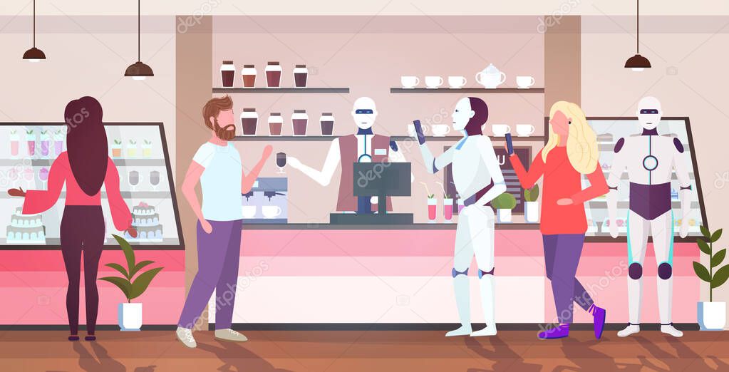 robotic barista serving people and robots clients artificial intelligence technology concept cafe interior full length horizontal