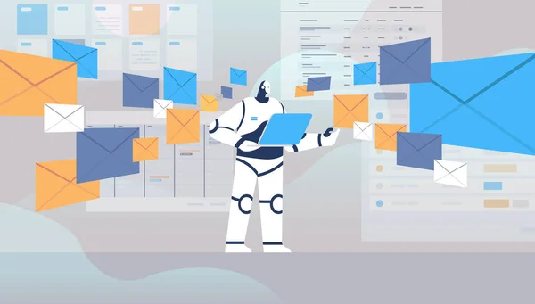 Robot met behulp van laptop verzenden en ontvangen enveloppen e-mail brieven kunstmatige intelligentie technologie — Stockvector