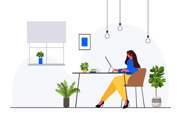 Businesswoman working on computer business woman sitting at workplace modern office interior — Stock Vector