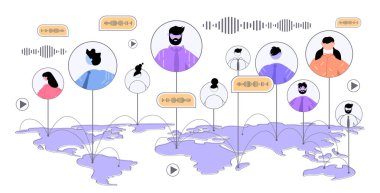 Dünya haritasındaki insanlar sesli mesajlarla iletişim kuruyor ses sohbet uygulaması sosyal medya küresel iletişim