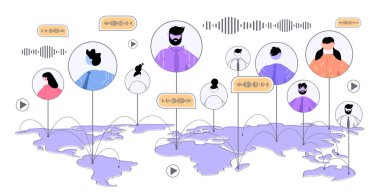 Dünya haritasındaki insanlar sesli mesajlarla iletişim kuruyor ses sohbet uygulaması sosyal medya küresel iletişim