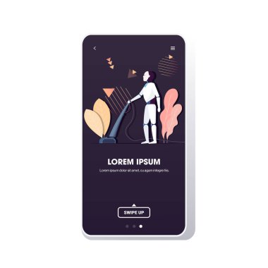 elektrikli süpürge kullanan modern robot ev işi yapay zeka teknolojisi temizlik konsepti akıllı telefon ekranı mobil uygulama tam boy kopyalama alanı