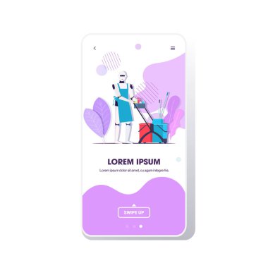 modern robot hademe tramvayı robot temizleyici ile dolduruyor yapay zeka teknolojisi temizlik konsepti akıllı telefon ekranı mobil uygulama tam boy kopyalama alanı