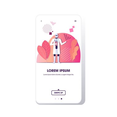 Steteskoplu robot doktor pano tutuyor. Yapay zeka teknolojisi tıp sağlık konsepti. Akıllı telefon ekranı mobil uygulama.
