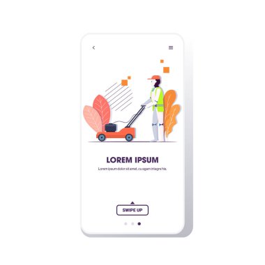 Modern robot çim biçme makinesi ile çim biçme robotu robot bahçıvanı yapay zeka teknolojisi bahçe konsepti akıllı telefon ekranı mobil uygulama alanı tam boy