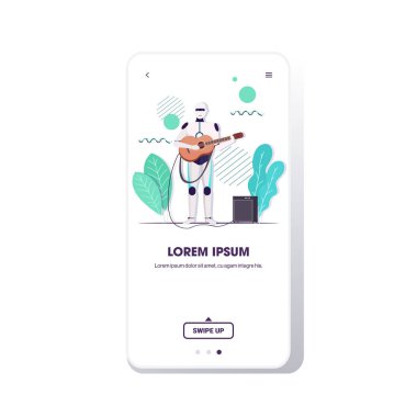 Gitar çalan robot robotik karakter gitaristi yapay zeka teknolojisi konsepti akıllı telefon ekranı mobil uygulaması tam boy kopyalama alanı