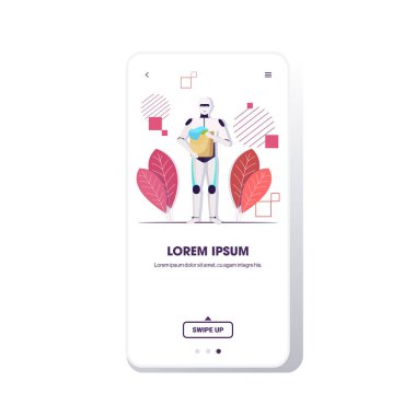 Kirli çamaşırlı çamaşır sepetini tutan robot yapay zeka teknolojisi ev idaresi konsepti tam boy akıllı telefon ekranı mobil uygulama alanı kopyalama