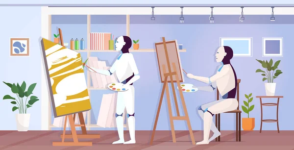 그림을 그리는 로봇 화가 들은 페인트 붓 과 팔레트 로봇 예술가들을 이용하여 이젤 아트 창조성 과 인공지능 기술의 앞에 놓는다. — 스톡 벡터