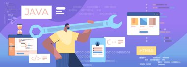 İngiliz anahtarı geliştiricisi elinde tutan adam yazılım mühendisliği kodlama programlama kodunu optimize ediyor