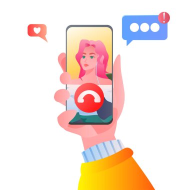 İnsan eli akıllı telefon ekranlı sosyal medya ağı online iletişim kavramını tartışıyor