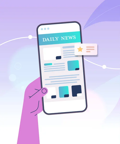 Hand med hjälp av mobilapp för online-läsning nyheter tidning eller magasin på smartphone skärm nyheter — Stock vektor