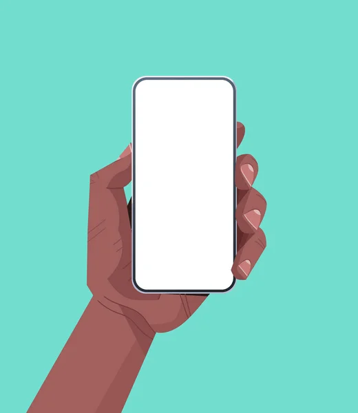 Афроамериканська людська рука тримає смартфон з порожнім сенсорним екраном з використанням концепції мобільного телефону — стоковий вектор
