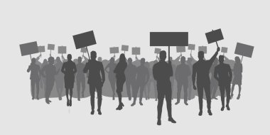 Protestocuların silueti, ellerinde protesto posterleri, ellerinde boş oy pankartları olan kadınlar, siyasi özgürlük kavramı, yatay boyda.