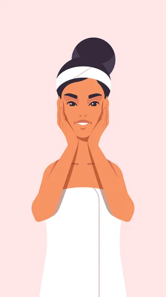 Νεαρή γυναίκα εφαρμογή κρέμα δέρματος ντυμένος με πετσέτα κορίτσι καθαρισμού και φροντίδας του προσώπου spa περιποίησης χαλαρώστε προσώπου έννοια πορτρέτο — Διανυσματικό Αρχείο