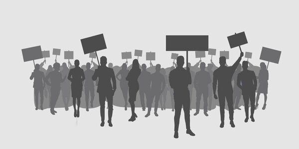 silhouette of protesters crowd holding protest posters men women with blank vote placards demonstration speech political freedom concept horizontal full length