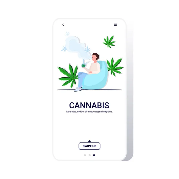 Férfi dohányzás kannabisz bong marihuána legalizáció kábítószer-fogyasztás koncepció teljes hosszúságú okostelefon képernyő online mobil app másolás tér — Stock Vector