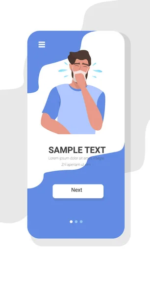 Homem em máscara médica pegar frio doente cara tosse gripe sintomas infecção gripe estação conceito smartphone tela aplicativo móvel cópia espaço retrato —  Vetores de Stock