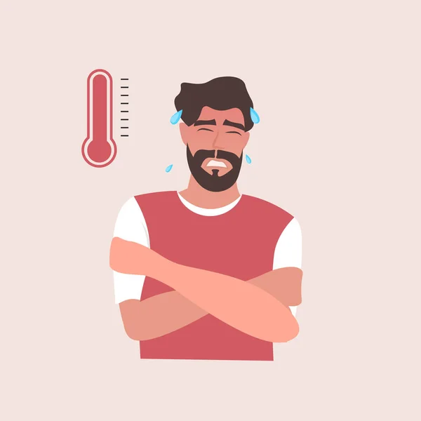 高温インフルエンザ感染症の症状を持つ男性をキャッチ汗風邪の男インフルエンザの病気の肖像画 — ストックベクタ
