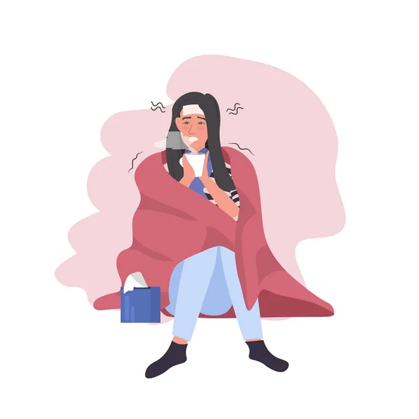 Kadın üşütüyor, baş ağrısı çekiyor, battaniyeye sarılmış çay içiyor grip enfeksiyonu belirtileri gösteriyor. — Stok Vektör