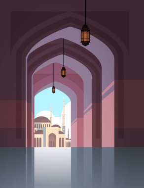 Nabawi Camii 'nin mimari dış görünüşü kemerli bir din kavramı olan müslüman şehir manzarası dikey düz.