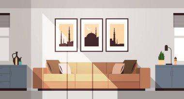 Doğu geleneksel oturma odası mobilya ve resimlerle dolu Ramazan Kareem Müslüman dini düz yatay ay ay
