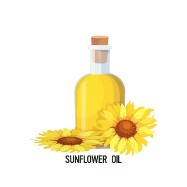 Beyaz arka planda izole edilmiş taze ayçiçeği yağı şişesi.