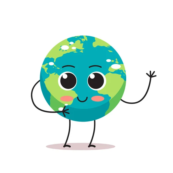 Lindo personaje de tierra ondeando mano de dibujos animados mascota globo personaje guardar planeta concepto aislado — Vector de stock