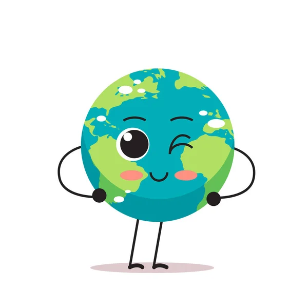 Lindo personaje de la tierra parpadeo mascota de dibujos animados globo personaje mostrando emoción facial salvar planeta concepto aislado — Vector de stock