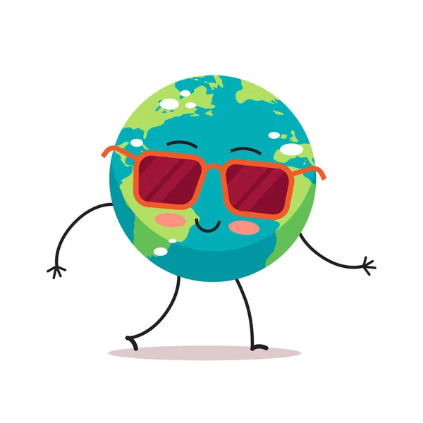 Lindo personaje de la tierra con gafas de sol de dibujos animados mascota globo personaje salvar planeta concepto de calentamiento global aislado — Vector de stock