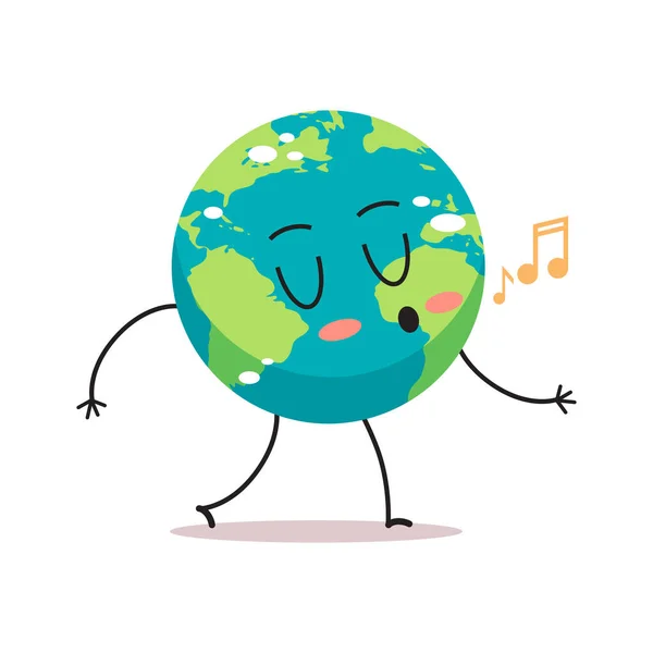 Lindo personaje de tierra cantando canciones de dibujos animados mascota globo personaje guardar planeta concepto aislado — Vector de stock
