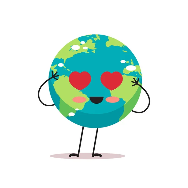 Lindo personaje de tierra con ojos de corazón mascota de dibujos animados globo personaje mostrando emoción facial guardar planeta concepto aislado — Vector de stock