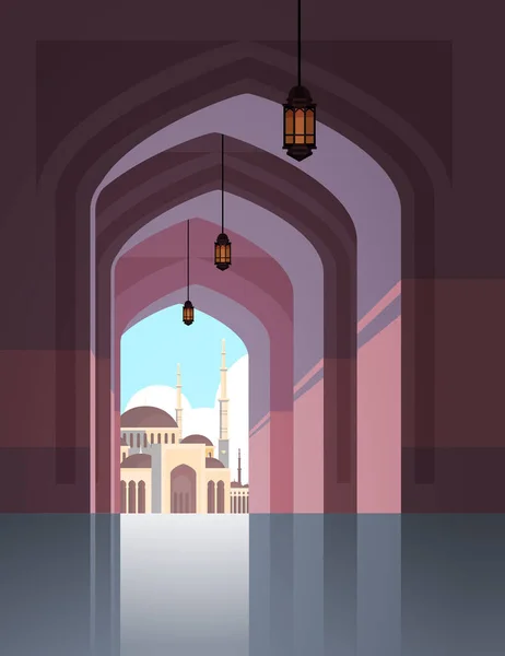 Nabawi Camii 'nin mimari dış görünüşü kemerli bir din kavramı olan müslüman şehir manzarası dikey düz. — Stok Vektör