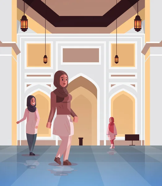 Arab nők jönnek nabawi mecset épület muszlim vallás koncepció arab emberek hagyományos ruhákban ramadán kareem szent hónap lapos teljes hossz függőleges — Stock Vector