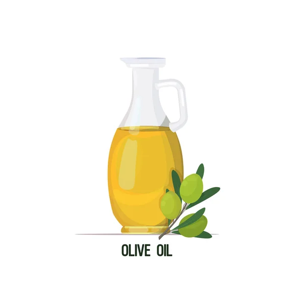 Aceite de oliva virgen fresco botella de vidrio aceite vegetal y rama con aceitunas aisladas sobre fondo blanco — Vector de stock