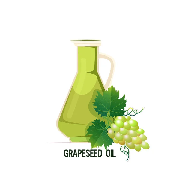 Čerstvé hroznový olej skleněná láhev se zralým hroznovým ovocem a listy izolované na bílém pozadí — Stockový vektor