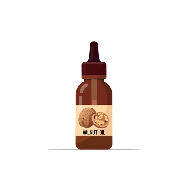 实用的核桃油玻璃瓶，含滴滴化妆品液体成分，用于食品饮料和矿泉产品护肤概念 — 图库矢量图片
