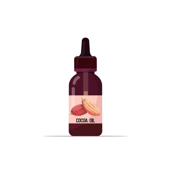 Realistica bottiglia di vetro di olio di cacao con contagocce ingrediente liquido cosmetico per bevande alimentari e concetto di cura della pelle del prodotto spa — Vettoriale Stock