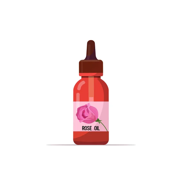 Realistische rose olie glazen fles met druppelaar cosmetische vloeistof ingrediënt voor voedingsdranken en spa product huidverzorging concept — Stockvector