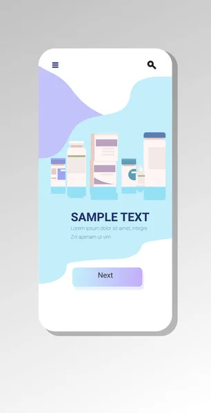 Lékařské výrobky láhve a krabice farmaceutické balíčky medicína lékárna koncept smartphone obrazovka mobilní aplikace vertikální kopírování prostor — Stockový vektor