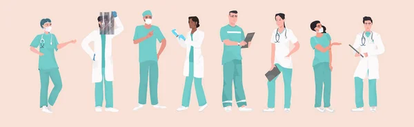 Sjukhusmedicinsk personal team läkare sjuksköterskor kirurger i enhetlig sjukvård koncept horisontell fullängdare — Stock vektor