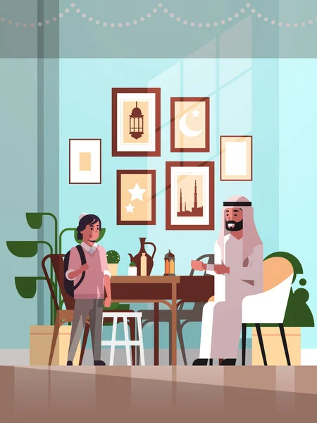 Muslim family celebrating ramadan kareem holy month living room interior arabic father and son in traditional clothes spending time together flat vertical full length — Stock Vector