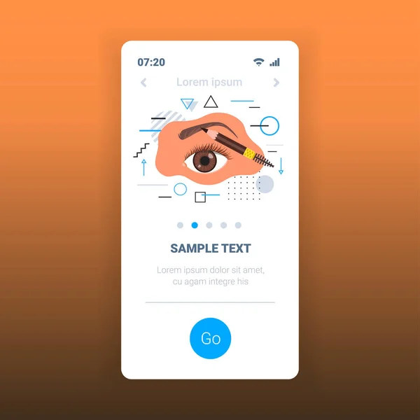 미용 연필로 브로치를 두르고 미용 연필로 눈썹을 만지작거리는 아름다운 여성 스마트 폰 스크린 모바일 앱 복사 공간을 만드는 모습 — 스톡 벡터